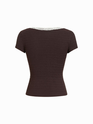 Textured V-neck Lace Trim Tie Front Short Sleeve Blouse
