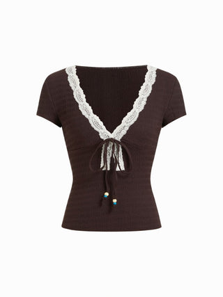 Textured V-neck Lace Trim Tie Front Short Sleeve Blouse