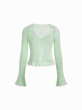 Knit Textured V-neck Bell Sleeve Cardigan
