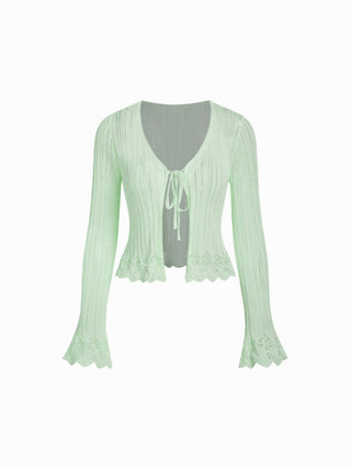 Knit Textured V-neck Bell Sleeve Cardigan