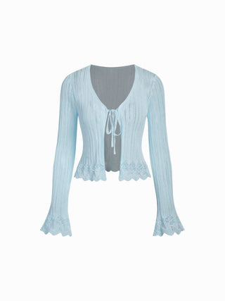 Knit Textured V-neck Bell Sleeve Cardigan
