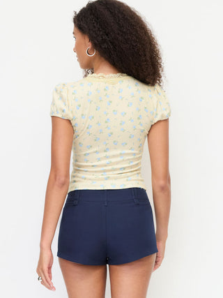 Floral V-neck Puff Sleeve Lace Trim Ruched Top