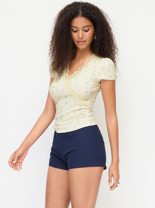 Floral V-neck Puff Sleeve Lace Trim Ruched Top