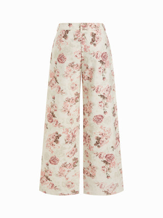 Cotton-blend Mid Rise Floral Wide Leg Long Trousers