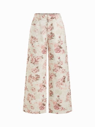 Cotton-blend Mid Rise Floral Wide Leg Long Trousers