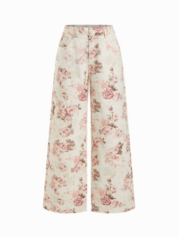 Cotton-blend Mid Rise Floral Wide Leg Long Trousers