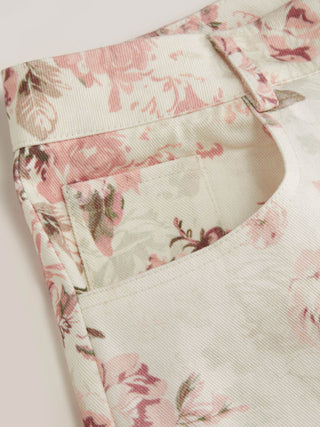 Cotton-blend Mid Rise Floral Wide Leg Long Trousers