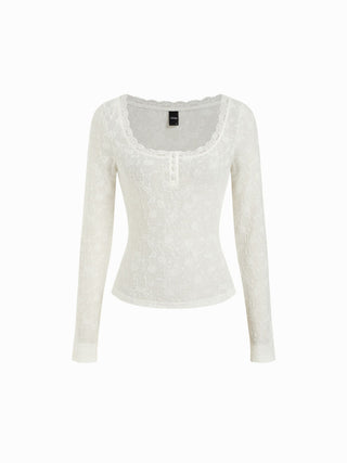 Jacquard Floral Scoop Neck Lace Trim Long Sleeve Top
