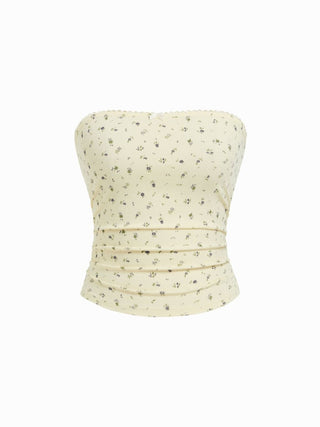 Cotton Pointelle Ditsy Floral Ruched Bowknot Crop Bandeau Top