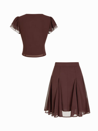 Chiffon V-neck Ruffled Sleeve Top & Low Rise A-line Midi Skirt Set