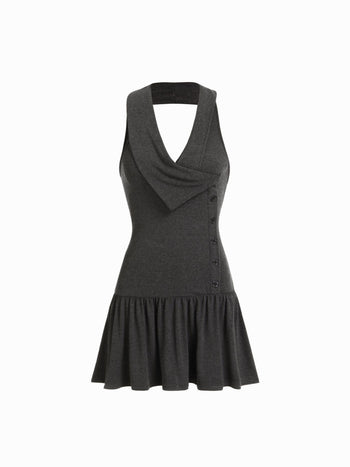 Halter Asymmetrical V-neck Slim Flared Mini Dress