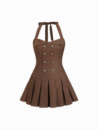 Halter Neckline Metal Button Pleated Mini Dress