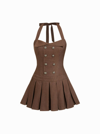 Halter Neckline Metal Button Pleated Mini Dress