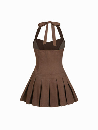 Halter Neckline Metal Button Pleated Mini Dress