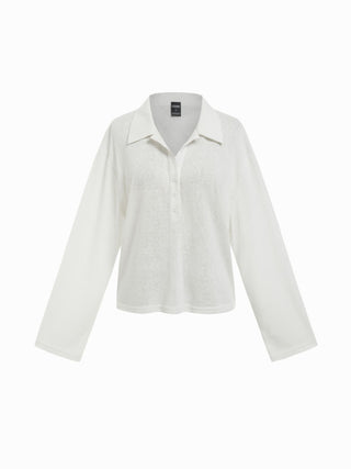 Textured Polo Neck Long Sleeve Oversized Top