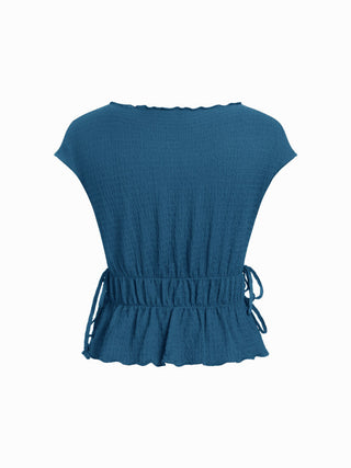 Textured Boat Neck Ruffled Peplum Hem Tie Side Top