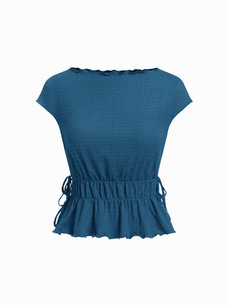 Textured Boat Neck Ruffled Peplum Hem Tie Side Top