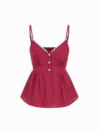 Cotton Gingham Square Neck Lace Trim Cami Top & Mid Rise Shorts Loungewear Set
