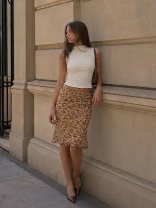 Flocking Lace Low Rise Floral Mermaid Midi Skirt