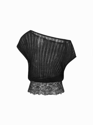 Knit Asymmetrical Neck Lace Panel Short Sleeve Top