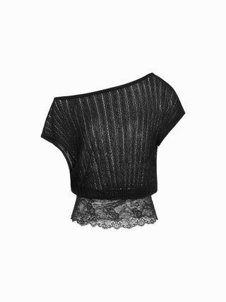 Knit Asymmetrical Neck Lace Panel Short Sleeve Top