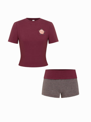 Cotton-blend Star Graphic Tee & Mid Rise Striped Shorts Loungewear Set