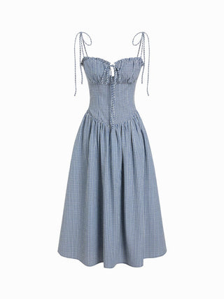 Cotton-blend Gingham Ruched Bowknot Strappy A-line Maxi Dress