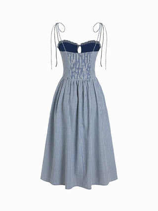 Cotton-blend Gingham Ruched Bowknot Strappy A-line Maxi Dress