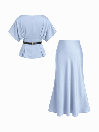 Satin Batwing Sleeve Top & Mid Rise Mermaid Skirt Set with Belt