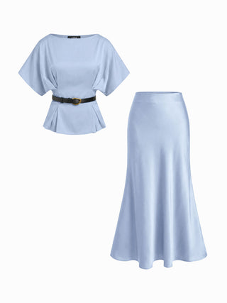 Satin Batwing Sleeve Top & Mid Rise Mermaid Skirt Set with Belt