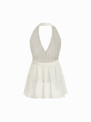 Chiffon Lace Halter Neckline Lace Panel Blouse