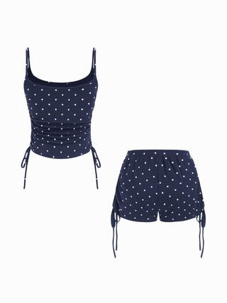 Polka Dot Drawstring Crop Cami Top & Low Rise Drawstring Micro Shorts Set
