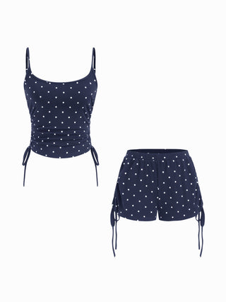 Polka Dot Drawstring Crop Cami Top & Low Rise Drawstring Micro Shorts Set