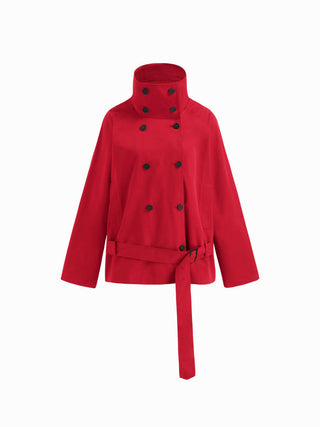 Multi-way Cotton Funnel Neck Double Breasted Oversized Windbreaker With Belt