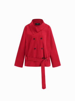 Multi-way Cotton Funnel Neck Double Breasted Oversized Windbreaker With Belt