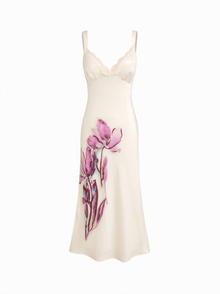 Satin Floral Graphic V-neck Lace Trim Maxi Dress