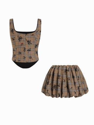 Plaid Floral Square Neck Corset Top & Bubble Mini Skirt Set