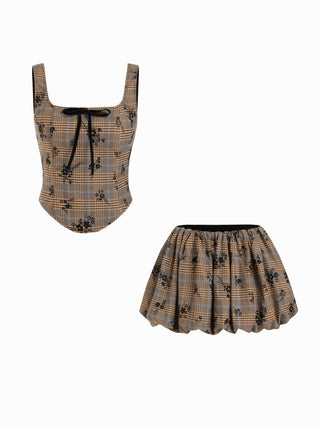 Plaid Floral Square Neck Corset Top & Bubble Mini Skirt Set