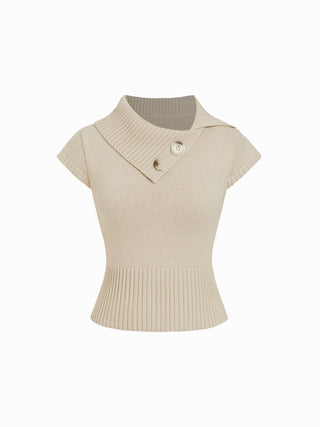 Knit Cotton-blend Asymmetrical Neck Short Sleeve Top