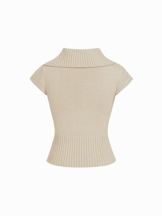 Knit Cotton-blend Asymmetrical Neck Short Sleeve Top
