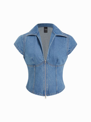 Denim Polo Neck Zip Through Blouse