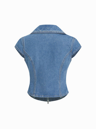 Denim Polo Neck Zip Through Blouse