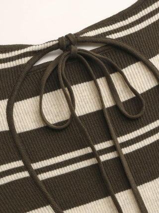 Knit Stripe Boat Neck Knotted Bowknot Long Sleeve Top
