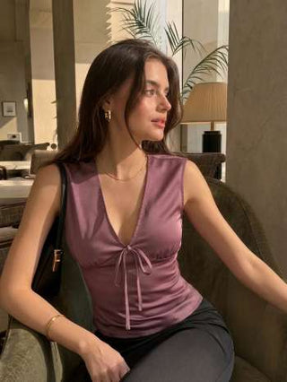 Satin V-Neck Ruched Bowknot Tank Blouse
