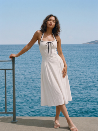 Linen-blend Halter Neckline Bowknot Contrast Binding Draped Flared Maxi Dress