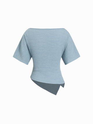 Textured Boat Neck Ruched Asymmetrical Hem Short Sleeve Tee
