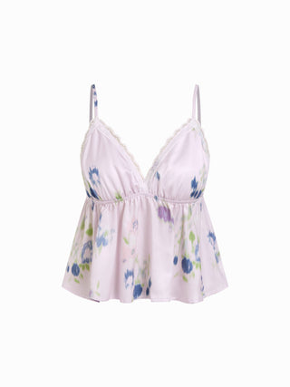 Satin Floral Lace Trim Crop Cami & High Rise Shorts Loungewear Set