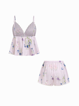 Satin Floral Lace Trim Crop Cami & High Rise Shorts Loungewear Set