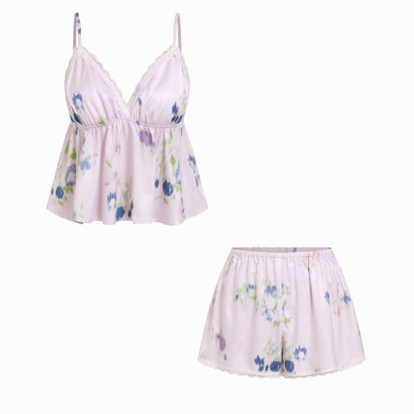 Satin Floral Lace Trim Crop Cami & High Rise Shorts Loungewear Set