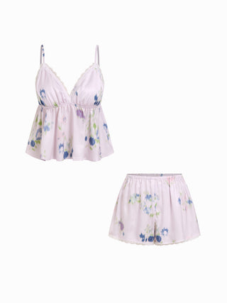 Satin Floral Lace Trim Crop Cami & High Rise Shorts Loungewear Set